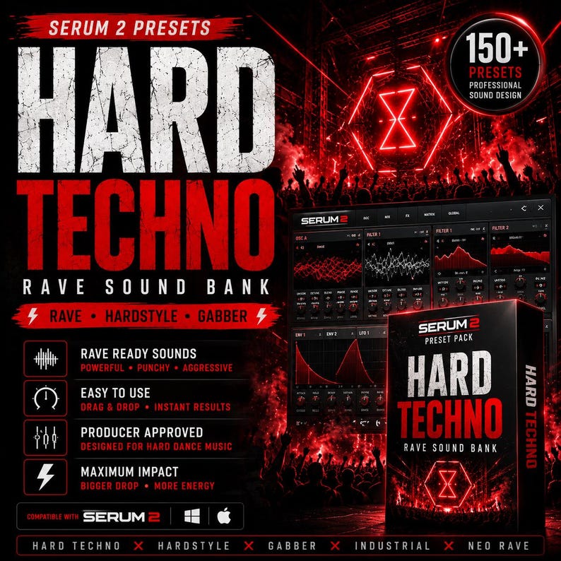K&ouml;nnte beinhalten: Ein rotes und schwarzes Werbegrafik f&uuml;r eine "Hard Techno" Soundbank, mit dem Text "Hard Techno Rave Sound Bank" und "Serum 2 Presets". Das Design hebt Funktionen wie "Rave Ready Sounds" und "Easy to Use" hervor. Das Bild zeigt auch eine Software-Oberfl&auml;che.