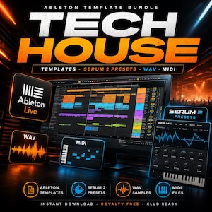 May include: An Ableton Template Bundle for Tech House music production. The graphic features the text "TECH HOUSE" in bold, a computer monitor displaying a digital audio workstation, and icons for Ableton Live, WAV, MIDI, and Serum 2 Presets.