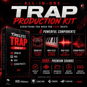 Puede incluir: Imagen promocional para un kit de producci&oacute;n de m&uacute;sica trap. La imagen presenta el texto "ALL-IN-ONE TRAP PRODUCTION KIT" en blanco y rojo. Incluye un kit de bater&iacute;a, archivos MIDI, archivos WAV y presets de serum. El kit contiene m&aacute;s de 1000 sonidos premium.