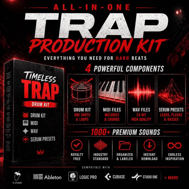 Puede incluir: Imagen promocional para un kit de producci&oacute;n de m&uacute;sica trap. La imagen presenta el texto "ALL-IN-ONE TRAP PRODUCTION KIT" en blanco y rojo. Incluye un kit de bater&iacute;a, archivos MIDI, archivos WAV y presets de serum. El kit contiene m&aacute;s de 1000 sonidos premium.