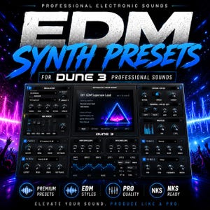 May include: A digital interface for DUNE 3 synthesizer software featuring the text EDM SYNTH PRESETS. The display shows an oscillator, mixer, filter, and envelope controls with a central screen displaying a blue triangle graphic and the text 001: EDM Supersaw Lead.