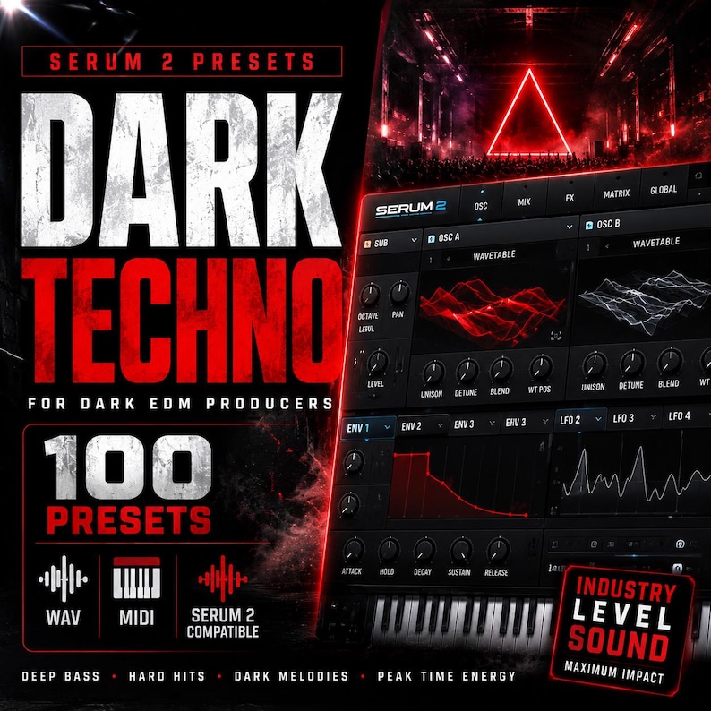 May include: A promotional image for "Dark Techno" Serum 2 presets. The design features the text "Dark Techno" in large, bold, white and red letters. It also includes a digital audio workstation interface, and the text "100 Presets".