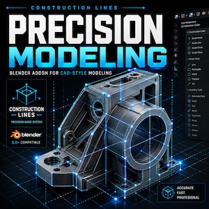 May include: A digital graphic for a Blender software addon titled Construction Lines Precision Modeling. It features a metallic mechanical part overlaid with a glowing blue grid of construction lines, guide points, and technical interface menus.