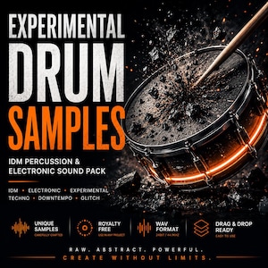 May include: A black drum with orange glowing accents being struck by a wooden stick, causing black debris to scatter. Text reads: EXPERIMENTAL DRUM SAMPLES, IDM PERCUSSION & ELECTRONIC SOUND PACK, IDM, ELECTRONIC, EXPERIMENTAL, TECHNO, DOWNTEMPO, GLITCH, UNIQUE SAMPLES, ROYALTY FREE, WAV FORMAT 24BIT/44.1KHZ, DRAG & DROP READY, RAW, ABSTRACT, POWERFUL, CREATE WITHOUT LIMITS.