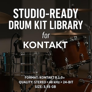 Puede incluir: Primer plano de una batería con el texto "STUDIO-READY DRUM KIT LIBRARY for KONTAKT". Las baterías son marrones y plateadas, con un micrófono delante de una de ellas. La imagen también incluye el texto "FORMAT: KONTAKT 8.1.0+", "QUALITY: STEREO • 48 kHz • 24-BIT" y "SIZE: 3,93 GB".