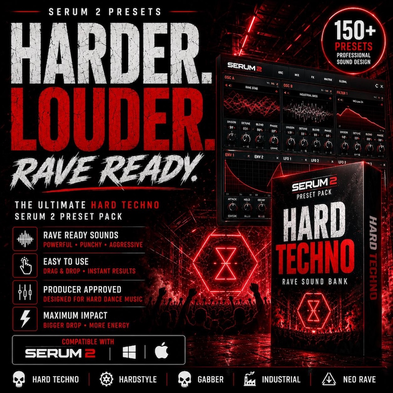 K&ouml;nnte beinhalten: Werbebild f&uuml;r Serum 2 Presets mit dem Text "HARDER. LOUDER. RAVE READY." und "HARD TECHNO." Das Design umfasst eine Produktbox, eine digitale Audio-Workstation-Oberfl&auml;che und eine Liste von Funktionen, alles in einem dunklen, energiegeladenen Stil.