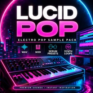 Puede incluir: Imagen promocional de un paquete de muestras de electro pop. La imagen presenta el texto "LUCID POP" en blanco y rosa, con un teclado de sintetizador en primer plano. El texto incluye "ELECTRO POP SAMPLE PACK" e iconos de tipos de archivos de audio.