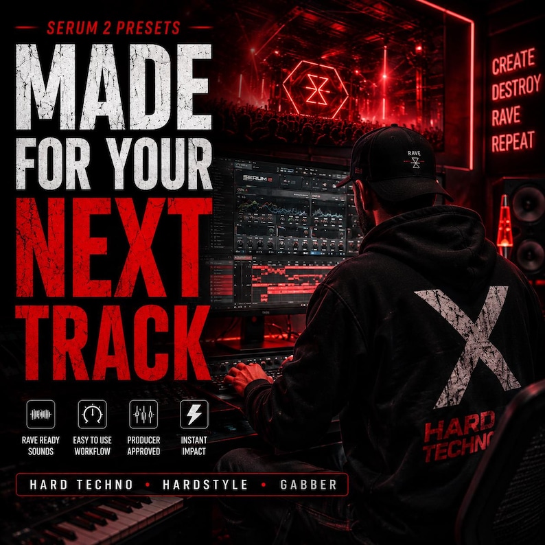 K&ouml;nnte beinhalten: Werbebild f&uuml;r Serum 2 Presets, das eine Person an einem Computer mit Musikproduktionssoftware zeigt. Der Text in Wei&szlig; und Rot lautet "MADE FOR YOUR NEXT TRACK". Weitere Texte sind "RAVE READY SOUNDS" und "HARD TECHNO".