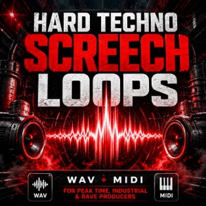 Pode incluir: Um gráfico digital com o texto HARD TECHNO SCREECH LOOPS em letras brancas e vermelhas. O fundo mostra maquinaria industrial, iluminação vermelha e uma onda sonora central. Inclui ícones WAV e MIDI na parte inferior.