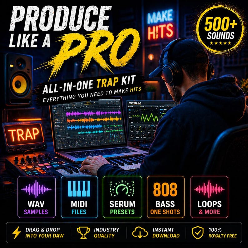 May include: Image promoting a trap music production kit. The text reads "Produce Like a Pro" and "All-in-one Trap Kit." It includes WAV samples, MIDI files, Serum presets, 808 bass one shots, loops, and more. The image also shows a person using a laptop with music software.