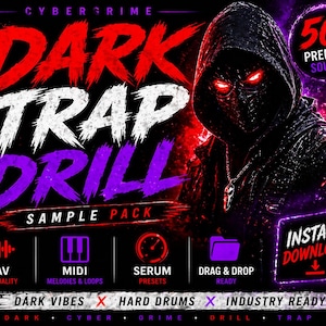 K&ouml;nnte beinhalten: Werbegrafik f&uuml;r ein "Dark Trap Drill Sample Pack". Das Design zeigt den Text "DARK TRAP DRILL" in Rot, Wei&szlig; und Lila, mit einer Kapuzenfigur mit leuchtend roten Augen. Enth&auml;lt Symbole f&uuml;r WAV, MIDI, Serum-Presets und Drag & Drop.
