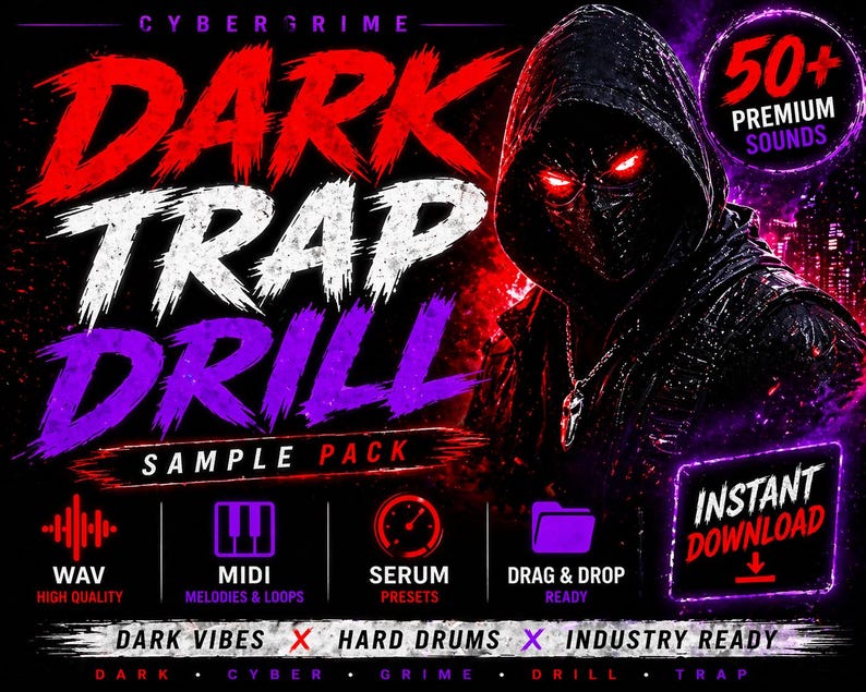 K&ouml;nnte beinhalten: Werbegrafik f&uuml;r ein "Dark Trap Drill Sample Pack". Das Design zeigt den Text "DARK TRAP DRILL" in Rot, Wei&szlig; und Lila, mit einer Kapuzenfigur mit leuchtend roten Augen. Enth&auml;lt Symbole f&uuml;r WAV, MIDI, Serum-Presets und Drag & Drop.