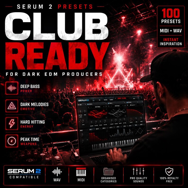May include: A promotional image for Serum 2 Presets, labeled "Club Ready" for dark EDM producers. The image features a laptop displaying music production software, with text highlighting features like "Deep Bass Power" and "100 Presets". The background shows a concert with red lighting.
