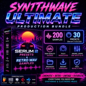 May include: A digital product bundle titled Synthwave Ultimate Production Bundle featuring a box graphic with a sunset, city skyline, and car. It includes 200 samples, 30 Serum 2 presets, and icons for high quality, modulation, drums, loops, and downloads.