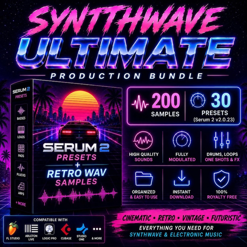 May include: A digital product bundle titled Synthwave Ultimate Production Bundle featuring a box graphic with a sunset, city skyline, and car. It includes 200 samples, 30 Serum 2 presets, and icons for high quality, modulation, drums, loops, and downloads.