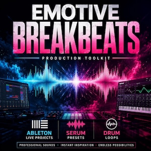 Peut inclure: Publicité pour un produit numérique avec le texte "EMOTIVE BREAKBEATS PRODUCTION TOOLKIT". L'image présente un graphique d'onde sonore en bleu et rose, avec des écrans d'ordinateur et du matériel de production musicale. Comprend "ABLETON LIVE PROJECTS", "SERUM PRESETS" et "DRUM LOOPS".