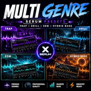 May include: A digital graphic for Multi Genre Serum Presets featuring four distinct panels labeled Trap, Drill, EDM, and Hybrid Bass. Each panel displays a Serum synthesizer interface with color-coded waveforms against thematic backgrounds.