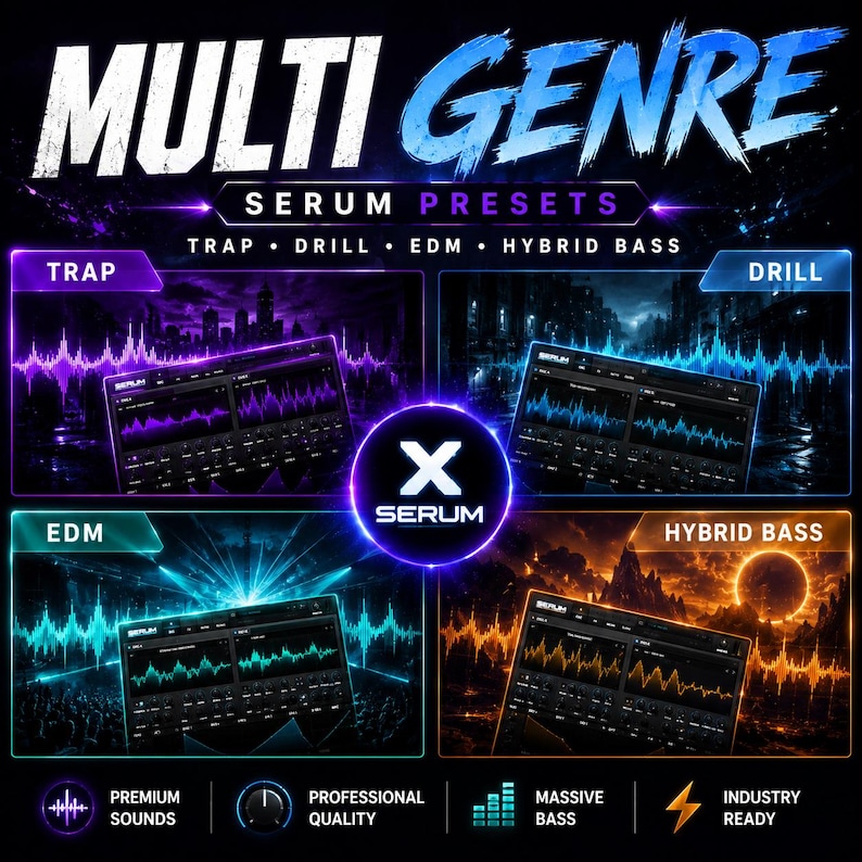 May include: A digital graphic for Multi Genre Serum Presets featuring four distinct panels labeled Trap, Drill, EDM, and Hybrid Bass. Each panel displays a Serum synthesizer interface with color-coded waveforms against thematic backgrounds.