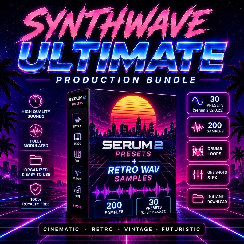 May include: A digital product box labeled SYNTHWAVE ULTIMATE PRODUCTION BUNDLE featuring a sunset over a city skyline. The box includes SERUM 2 PRESETS and RETRO WAV SAMPLES with icons for 30 presets, 200 samples, drum loops, and one shots.