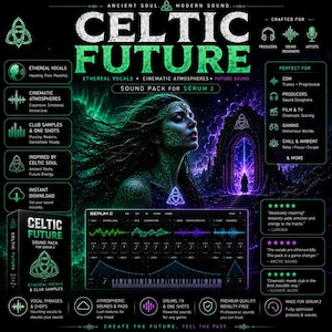May include: A digital promotional graphic for the Celtic Future sound pack for Serum 2. The design features a person with glowing green patterns, a dark stone archway, and a software interface display with waveforms and a keyboard layout.