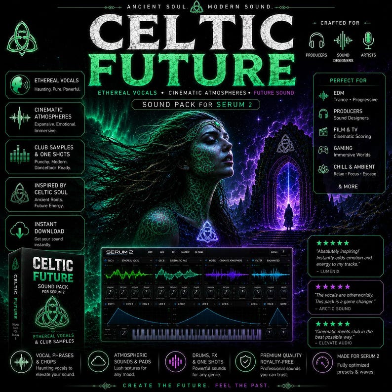May include: A digital promotional graphic for the Celtic Future sound pack for Serum 2. The design features a person with glowing green patterns, a dark stone archway, and a software interface display with waveforms and a keyboard layout.