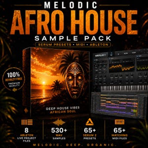 May include: A digital product box for Melodic Afro House Sample Pack featuring a sunset beach scene with a tribal mask. Includes Serum presets, MIDI, and Ableton files. Text reads 100% Royalty Free, 8 Ableton Live Project Files, 530+ WAV Samples, 65+ Serum 2 Presets, 65+ Matching MIDI Files.