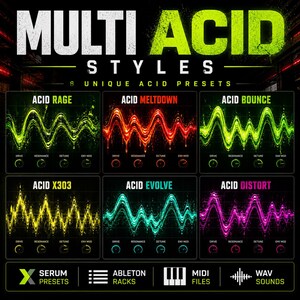 K&ouml;nnte beinhalten: Werbegrafik f&uuml;r "Multi Acid Styles" mit sechs einzigartigen Acid-Presets. Jedes Preset wird durch eine farbige Wellenform dargestellt, mit Beschriftungen f&uuml;r Drive, Resonance, Detune und ENV Mod. Enth&auml;lt Serum Presets, Ableton Racks, MIDI-Dateien und WAV-Sounds.