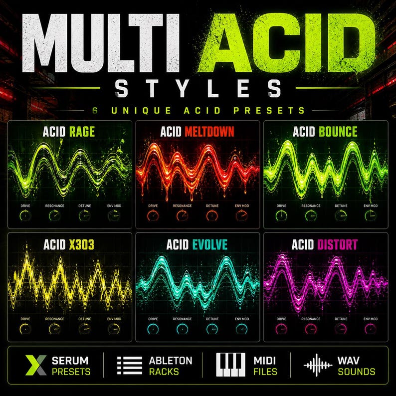 K&ouml;nnte beinhalten: Werbegrafik f&uuml;r "Multi Acid Styles" mit sechs einzigartigen Acid-Presets. Jedes Preset wird durch eine farbige Wellenform dargestellt, mit Beschriftungen f&uuml;r Drive, Resonance, Detune und ENV Mod. Enth&auml;lt Serum Presets, Ableton Racks, MIDI-Dateien und WAV-Sounds.