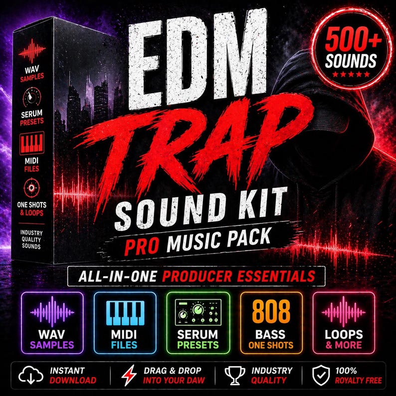 May include: A digital music pack titled "EDM Trap Sound Kit Pro Music Pack" with a dark, futuristic design. The cover features the text "EDM TRAP" in large, red, stylized letters, and includes icons for WAV samples, MIDI files, and more. It promises over 500 sounds.