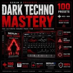 May include: A promotional image for "Dark Techno Mastery" sound pack. The image features a dark red and black color scheme with the text "Dark Techno Mastery" in large, distressed font. It includes a software interface, a sound pack box, and icons highlighting features like 100 presets, MIDI and WAV files.