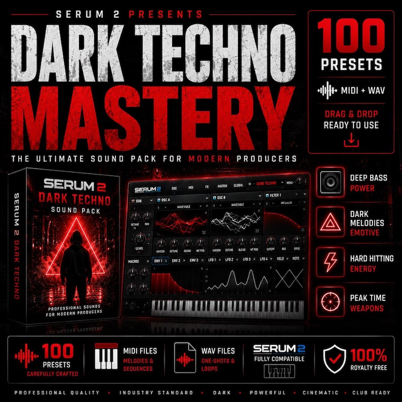 May include: A promotional image for "Dark Techno Mastery" sound pack. The image features a dark red and black color scheme with the text "Dark Techno Mastery" in large, distressed font. It includes a software interface, a sound pack box, and icons highlighting features like 100 presets, MIDI and WAV files.