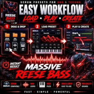 May include: Promotional graphic for "Reese Bass" serum presets for DNB & Techno music. The image features a step-by-step guide: drag & drop, load preset, and play & create. The design is predominantly black and red, with text highlighting "Easy Workflow" and "Instant Result."