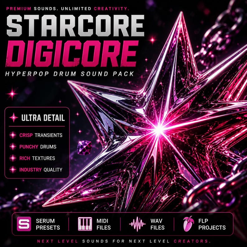 May include: A digital art graphic for a sound pack, featuring the text "STARCORE DIGICORE HYPERPOP DRUM SOUND PACK." A large, shiny, star-shaped design dominates the image, with pink and purple hues. Additional text includes "ULTRA DETAIL," "CRISP TRANSIENTS," and "SERUM PRESETS."
