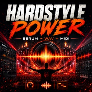 May include: A digital music production pack titled HARDSTYLE POWER featuring SERUM, WAV, and MIDI text. The graphic displays a person standing before a large stage with a central sound wave visual, flanked by two software interface panels.