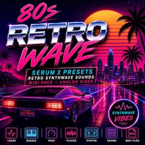 Op de afbeelding: Een digitale kunstafbeelding met een retro synthwave thema. De afbeelding bevat de tekst "80s RETRO WAVE" in een neonroze en zilveren lettertype. Een sportwagen rijdt op een weg met een skyline en een grote zon op de achtergrond. De afbeelding bevat ook de tekst "SERUM 2 PRESETS, RETRO SYNTHWAVE SOUNDS, MIDI PACK, ANALOG VIBES".