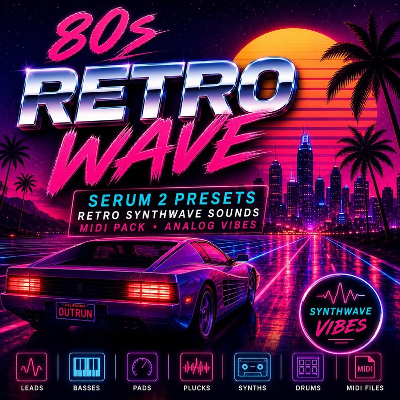 Op de afbeelding: Een digitale kunstafbeelding met een retro synthwave thema. De afbeelding bevat de tekst "80s RETRO WAVE" in een neonroze en zilveren lettertype. Een sportwagen rijdt op een weg met een skyline en een grote zon op de achtergrond. De afbeelding bevat ook de tekst "SERUM 2 PRESETS, RETRO SYNTHWAVE SOUNDS, MIDI PACK, ANALOG VIBES".