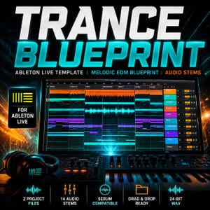 Może przedstawiać: Cyfrowy interfejs produkcji muzycznej ze słowami "TRANCE BLUEPRINT" w dużych białych i niebieskich literach. Ekran wyświetla interfejs oprogramowania do produkcji muzyki. Poniżej znajdują się słuchawki, klawiatura i mikser. Obraz zawiera również tekst "ABLETON LIVE TEMPLATE".