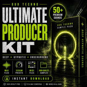 May include: A promotional graphic for a Dub Techno Ultimate Producer Kit. The design features bold, neon green text on a black background, including "ULTIMATE PRODUCER KIT" and "50+ PREMIUM SOUNDS." A product box displays a tunnel with a glowing yellow circle. Icons indicate WAV files, Serum presets, MIDI files, and high-quality samples.