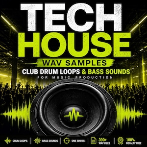 Puede incluir: Un gráfico digital para muestras WAV de Tech House que presenta un gran cono de altavoz negro con un logotipo de onda sonora verde lima en el centro. El texto dice TECH HOUSE WAV SAMPLES CLUB DRUM LOOPS & BASS SOUNDS FOR MUSIC PRODUCTION.