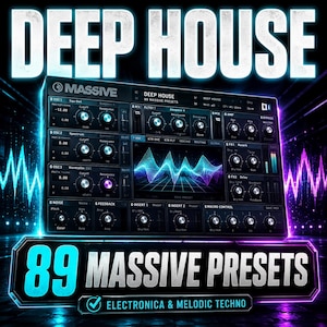 Könnte beinhalten: Eine digitale Software-Oberfläche für einen Synthesizer namens Massive, mit einem schwarzen Bedienfeld, zahlreichen Reglern, Schiebereglern und einer zentralen Wellenformanzeige. Der Text DEEP HOUSE und 89 MASSIVE PRESETS ist in Weiß zu sehen.