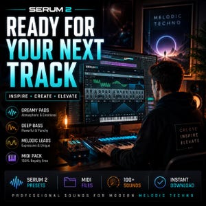 Peut inclure: Image promotionnelle pour Serum 2, un logiciel de musique. Le texte principal est "READY FOR YOUR NEXT TRACK". Des d&eacute;tails sur "Dreamy Pads", "Deep Bass" et "Melodic Leads" sont &eacute;galement pr&eacute;sents. Une personne utilise le logiciel sur un ordinateur.