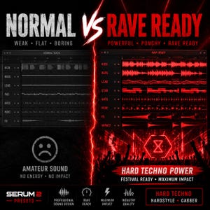 K&ouml;nnte beinhalten: Eine Werbegrafik, die "Normal"- und "Rave Ready"-Audiospuren vergleicht. Die linke Seite zeigt eine Graustufen-Spur mit der Bezeichnung "Normal Track" mit dem Text "Weak, Flat, Boring" dar&uuml;ber. Die rechte Seite zeigt eine rote Spur mit der Bezeichnung "Rave Ready" mit dem Text "Powerful, Punchy, Rave Ready".