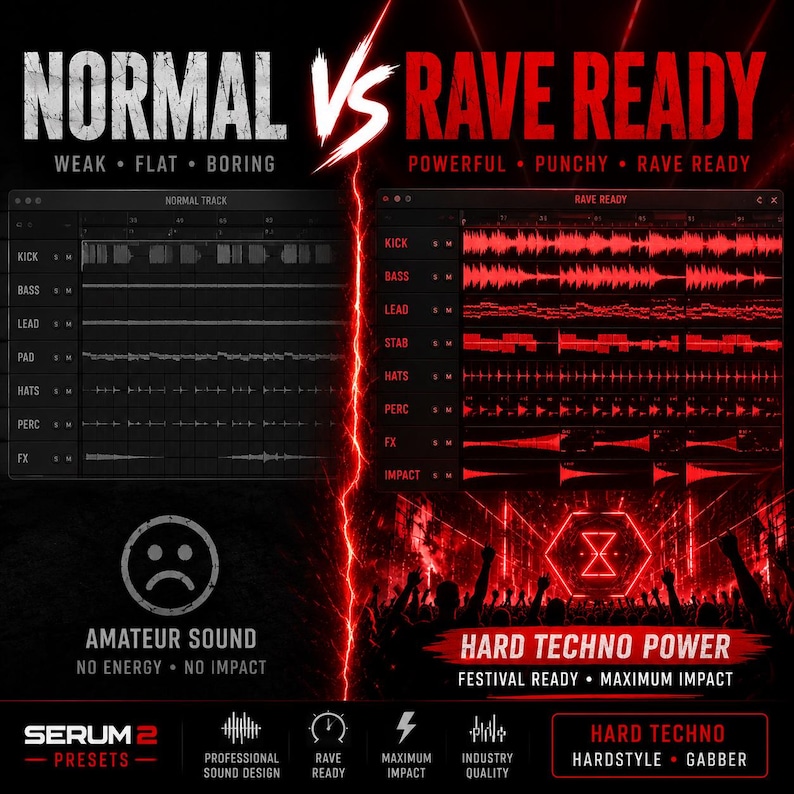 K&ouml;nnte beinhalten: Eine Werbegrafik, die "Normal"- und "Rave Ready"-Audiospuren vergleicht. Die linke Seite zeigt eine Graustufen-Spur mit der Bezeichnung "Normal Track" mit dem Text "Weak, Flat, Boring" dar&uuml;ber. Die rechte Seite zeigt eine rote Spur mit der Bezeichnung "Rave Ready" mit dem Text "Powerful, Punchy, Rave Ready".
