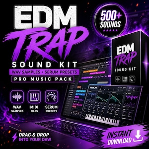 Könnte beinhalten: Werbebild für ein EDM Trap Sound Kit. Das Design zeigt den Text "EDM TRAP SOUND KIT" in Weiß und Lila, zusammen mit "WAV SAMPLES, SERUM PRESETS, PRO MUSIC PACK". Ein Laptop zeigt Musikproduktionssoftware. Das Bild enthält auch eine Box mit dem gleichen Branding.