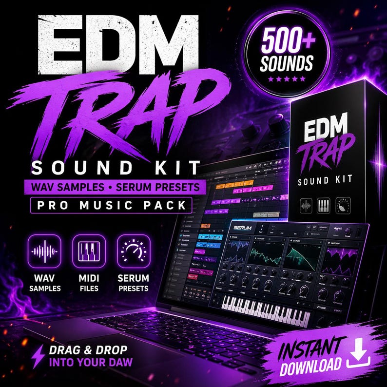 May include: A promotional image for an EDM Trap sound kit. The design features the text "EDM TRAP SOUND KIT" in white and purple, along with "WAV SAMPLES, SERUM PRESETS, PRO MUSIC PACK." A laptop displays music production software. The image also includes a box with the same branding.