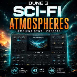 May include: A promotional image for Dune 3, a sci-fi ambient synth preset. The image features a dark interface with various controls and the text "SCI-FI ATMOSPHERES." The background shows a cosmic scene with planets and nebulas. The interface displays "023: Cosmic Horizon."