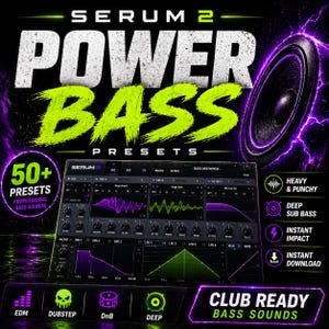 May include: Digital graphic advertising Serum 2 Power Bass Presets. The image shows a soundboard interface, a large speaker, and text highlighting features like "Heavy & Punchy" and "Instant Download." The colour scheme is black, green, and purple.