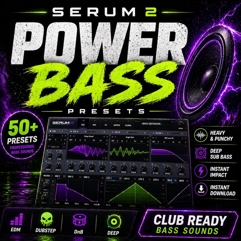May include: Digital graphic advertising Serum 2 Power Bass Presets. The image shows a soundboard interface, a large speaker, and text highlighting features like "Heavy & Punchy" and "Instant Download." The colour scheme is black, green, and purple.