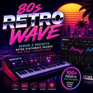 Neon retro scene with a synthesizer keyboard and software interface in pink and purple tones, sunset with palm trees and city skyline in the background, large “80s Retro Wave” text at top, glowing grid floor and centered composition with instruments in the foreground.