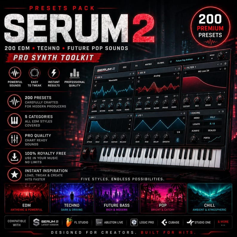 K&ouml;nnte beinhalten: Werbebild f&uuml;r Serum2, ein professionelles Synth-Toolkit. Das Bild zeigt eine digitale Audio-Workstation-Oberfl&auml;che mit einer Tastatur. Der Text hebt Funktionen wie 200 Presets, 5 Kategorien und lizenzfreie Nutzung hervor. F&uuml;nf Musikstile werden ebenfalls gezeigt.